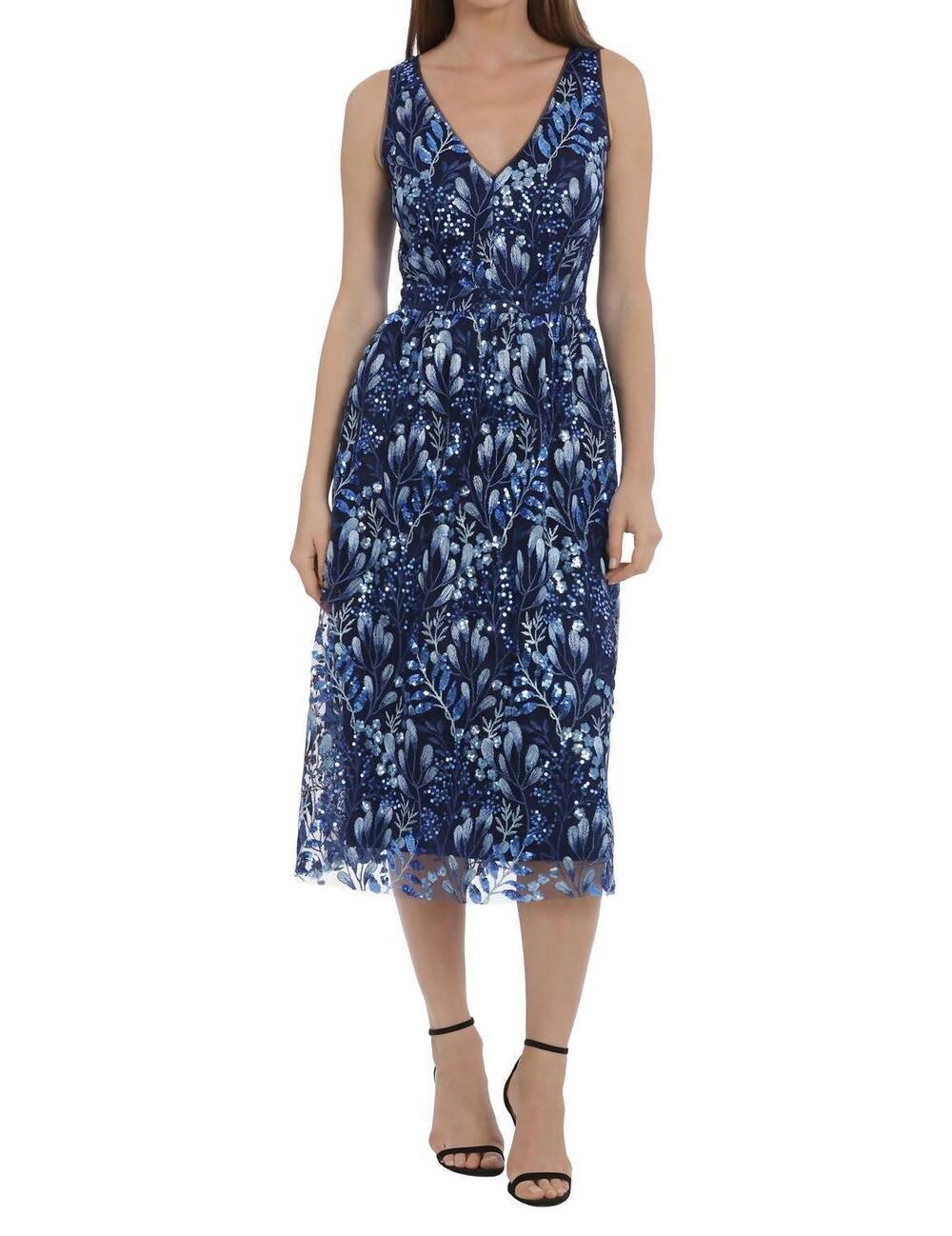 NEW MAGGY LONDON embroidered sequin fit and flare dress in blue multi